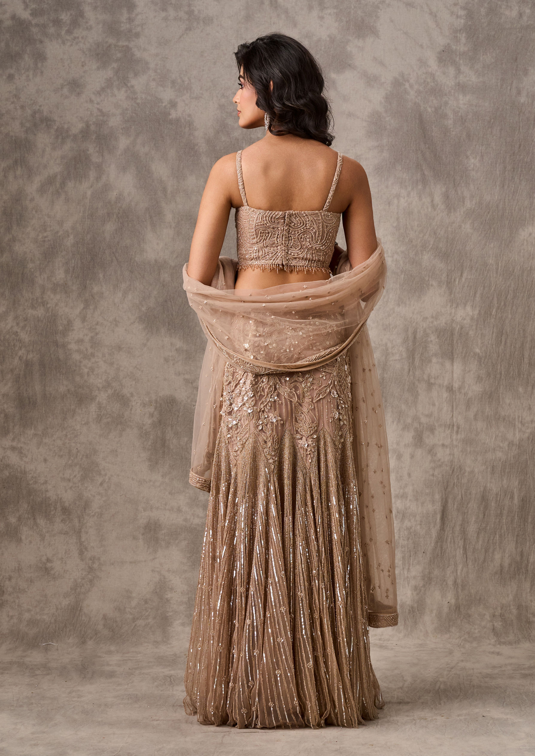 Twamev Women Beige Net Party Lehenga Set