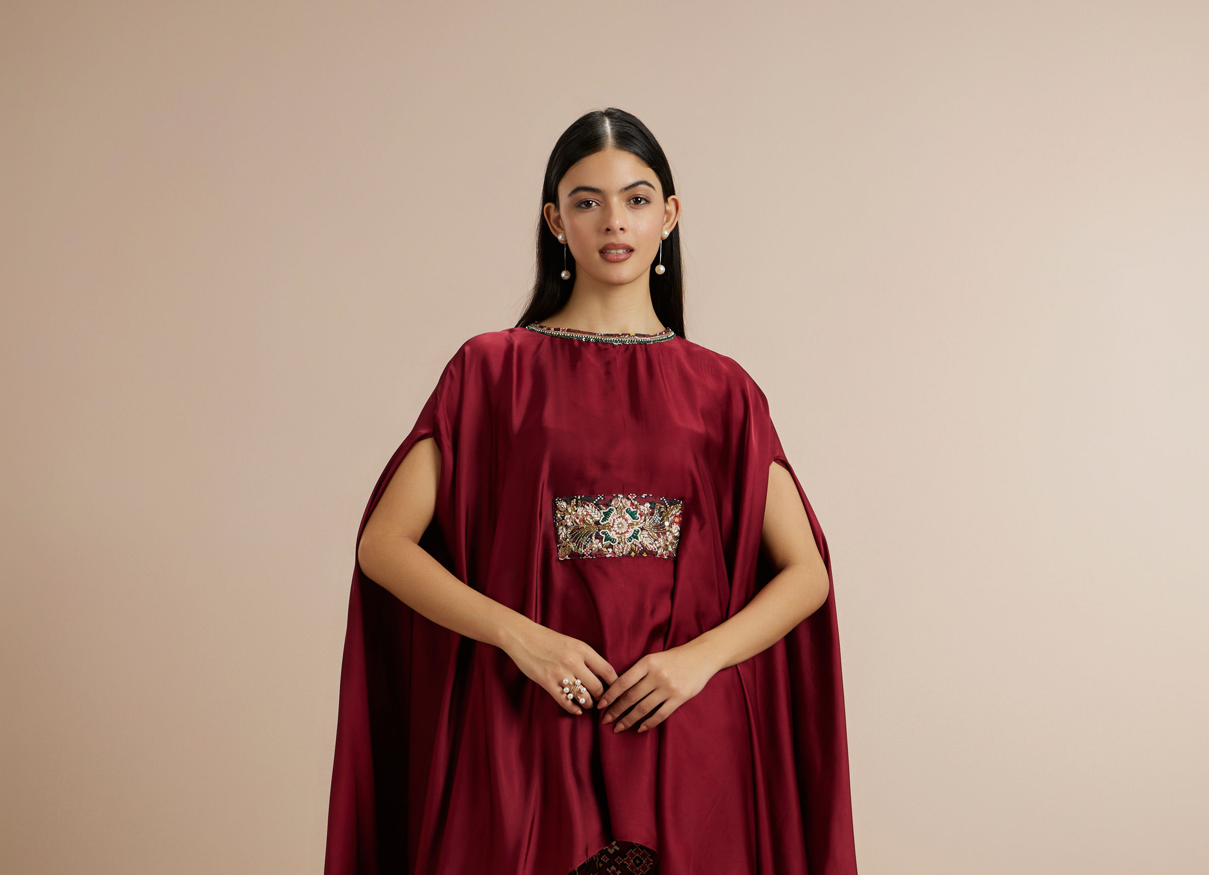 Twamev Women Charming Maroon Satin Indo Western