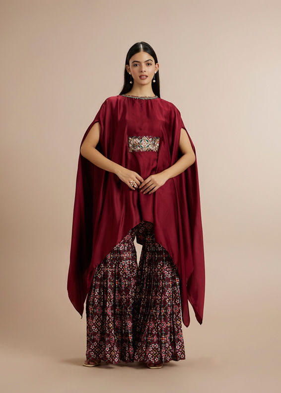 Twamev Women Charming Maroon Satin Indo Western