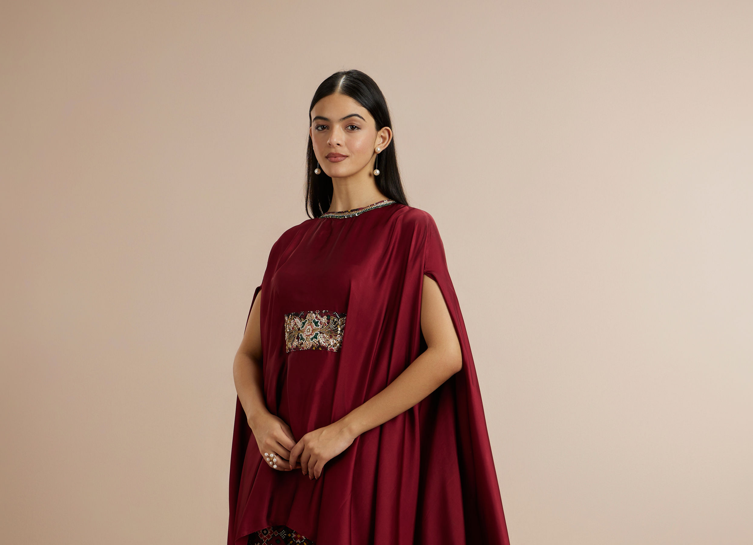 Twamev Women Charming Maroon Satin Indo Western