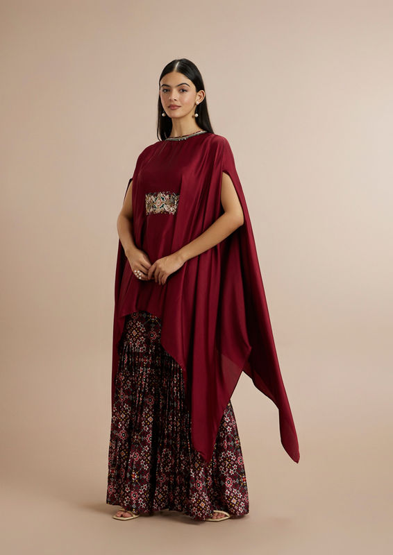 Twamev Women Charming Maroon Satin Indo Western