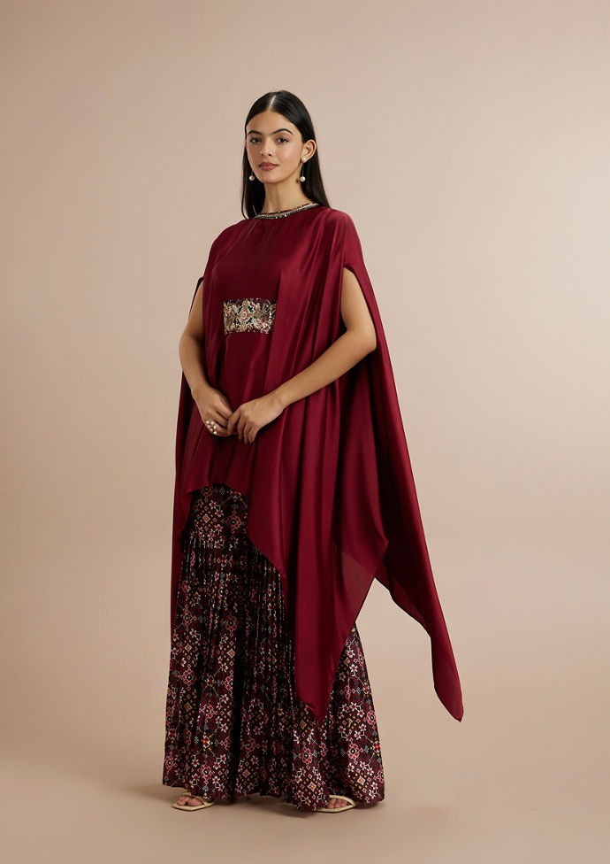 Twamev Women Charming Maroon Satin Indo Western