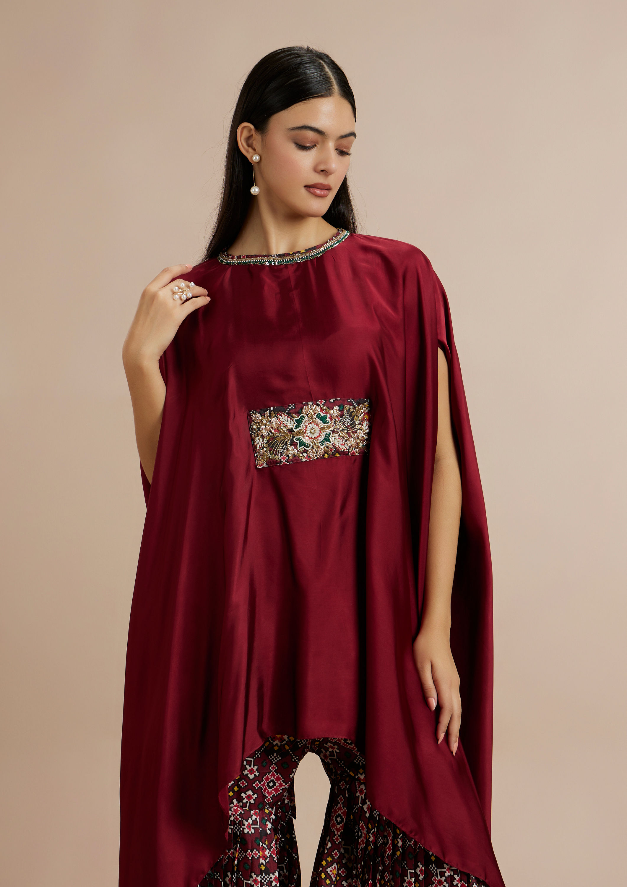 Twamev Women Charming Maroon Satin Indo Western