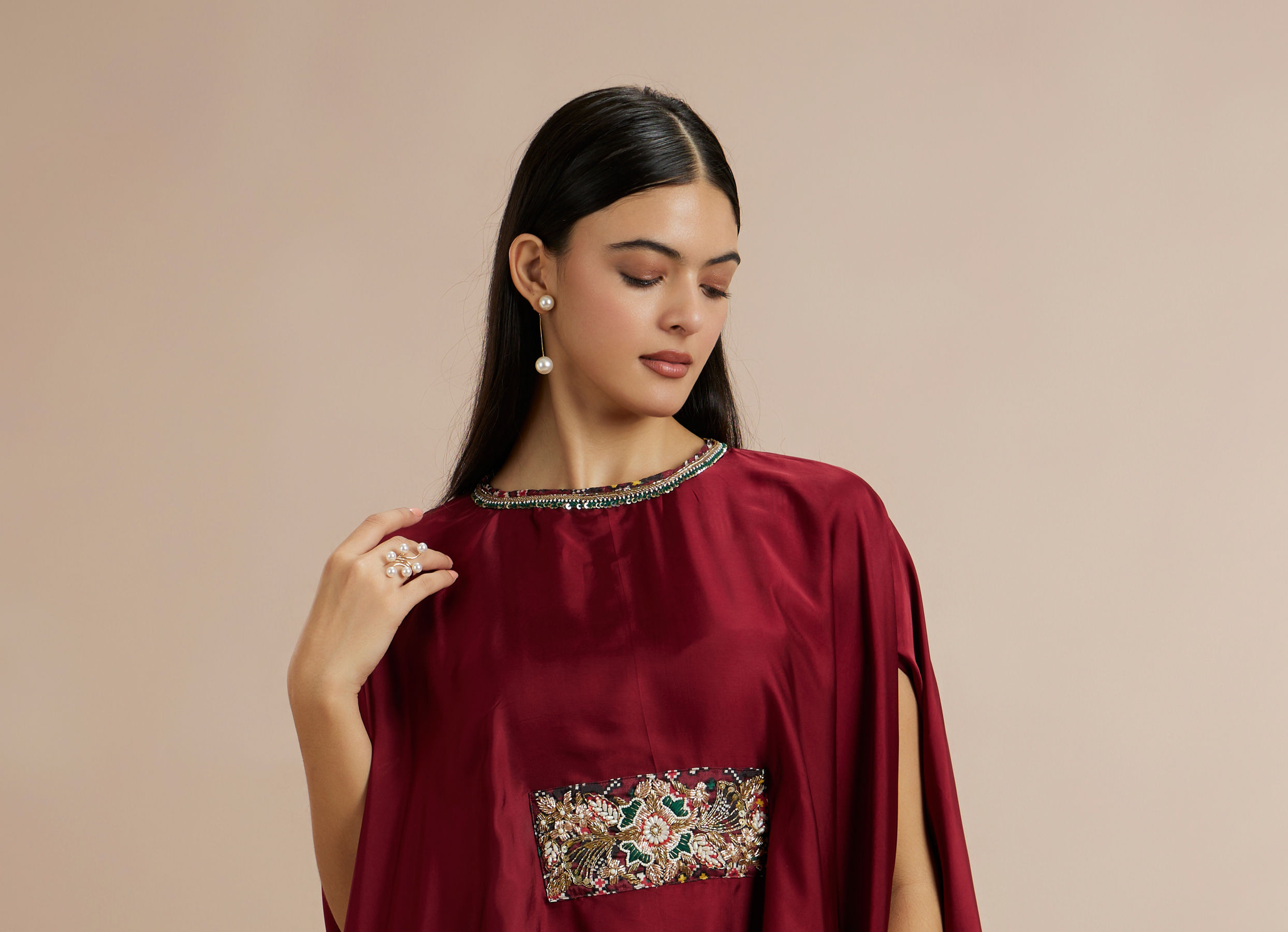 Twamev Women Charming Maroon Satin Indo Western