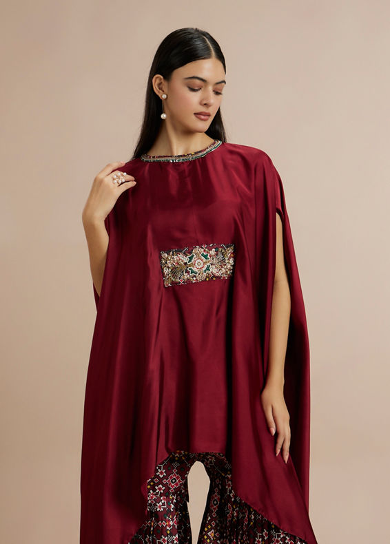 Twamev Women Charming Maroon Satin Indo Western