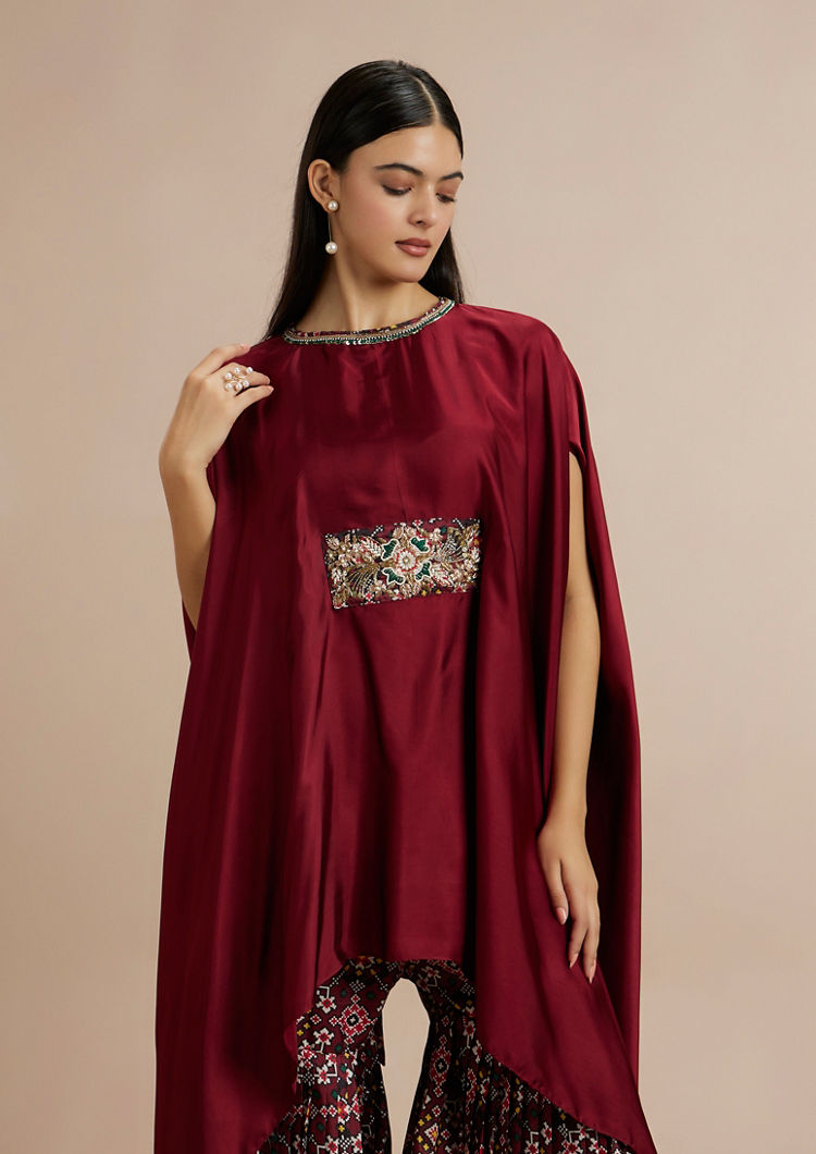 Twamev Women Charming Maroon Satin Indo Western