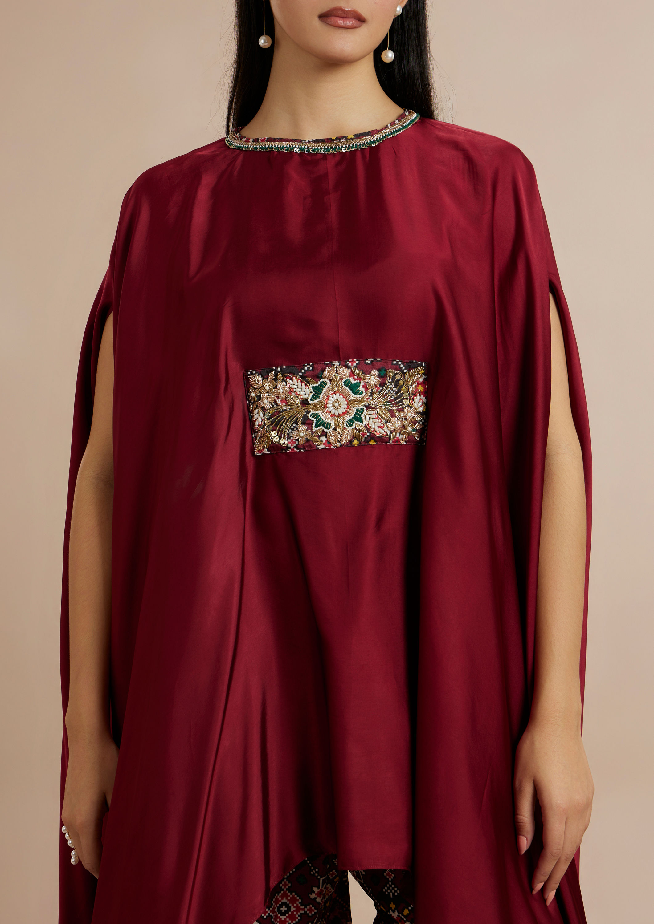 Twamev Women Charming Maroon Satin Indo Western