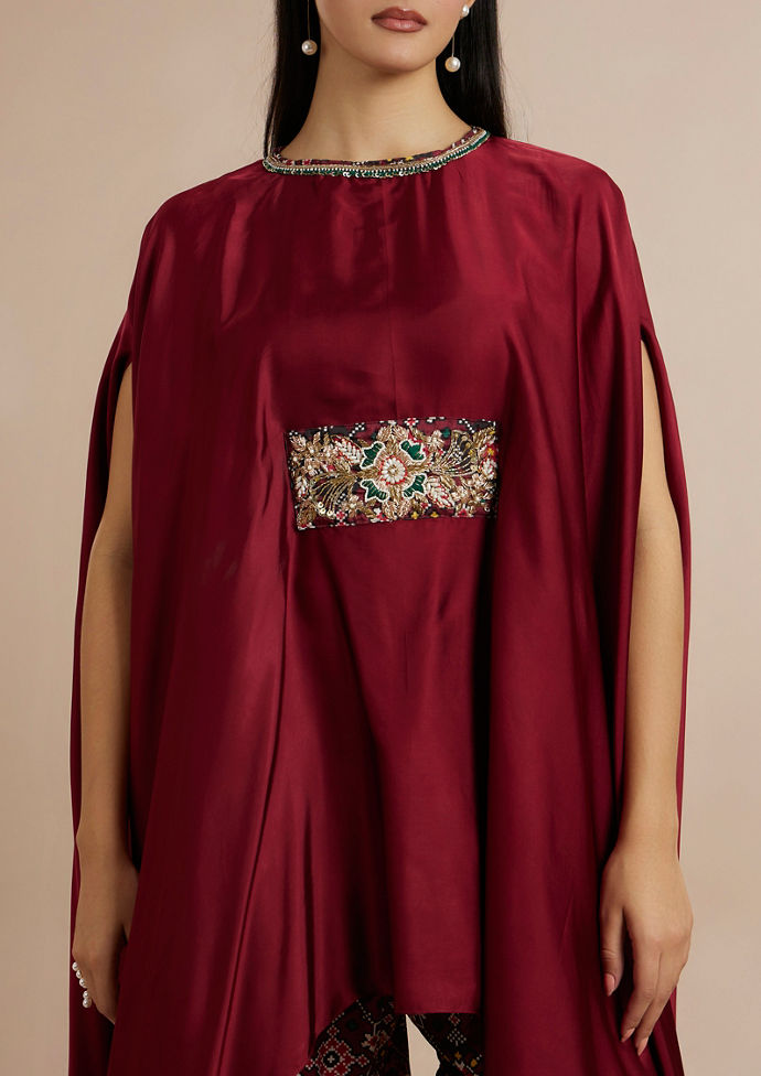 Twamev Women Charming Maroon Satin Indo Western