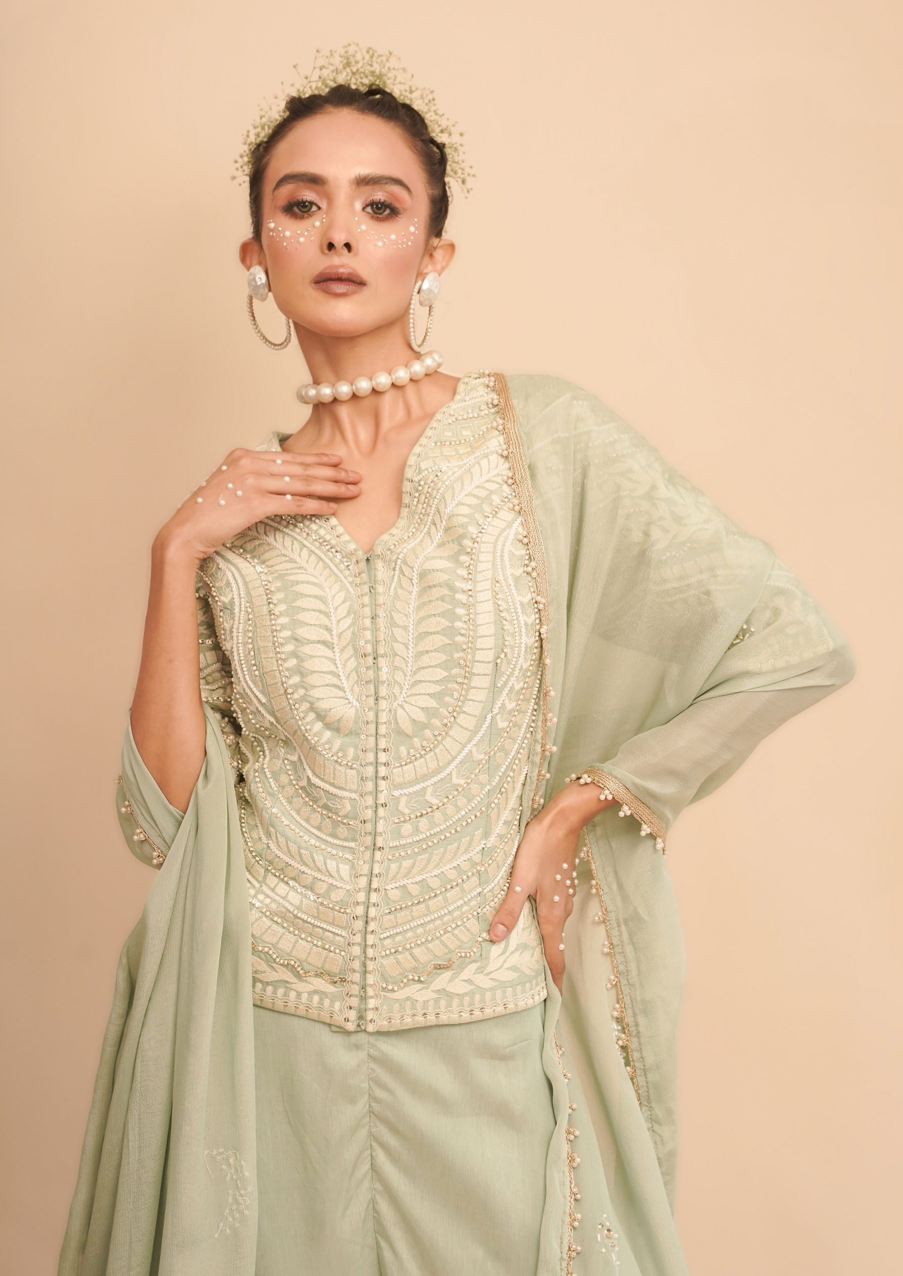 Twamev Women Sea Green Splendor Indo Western