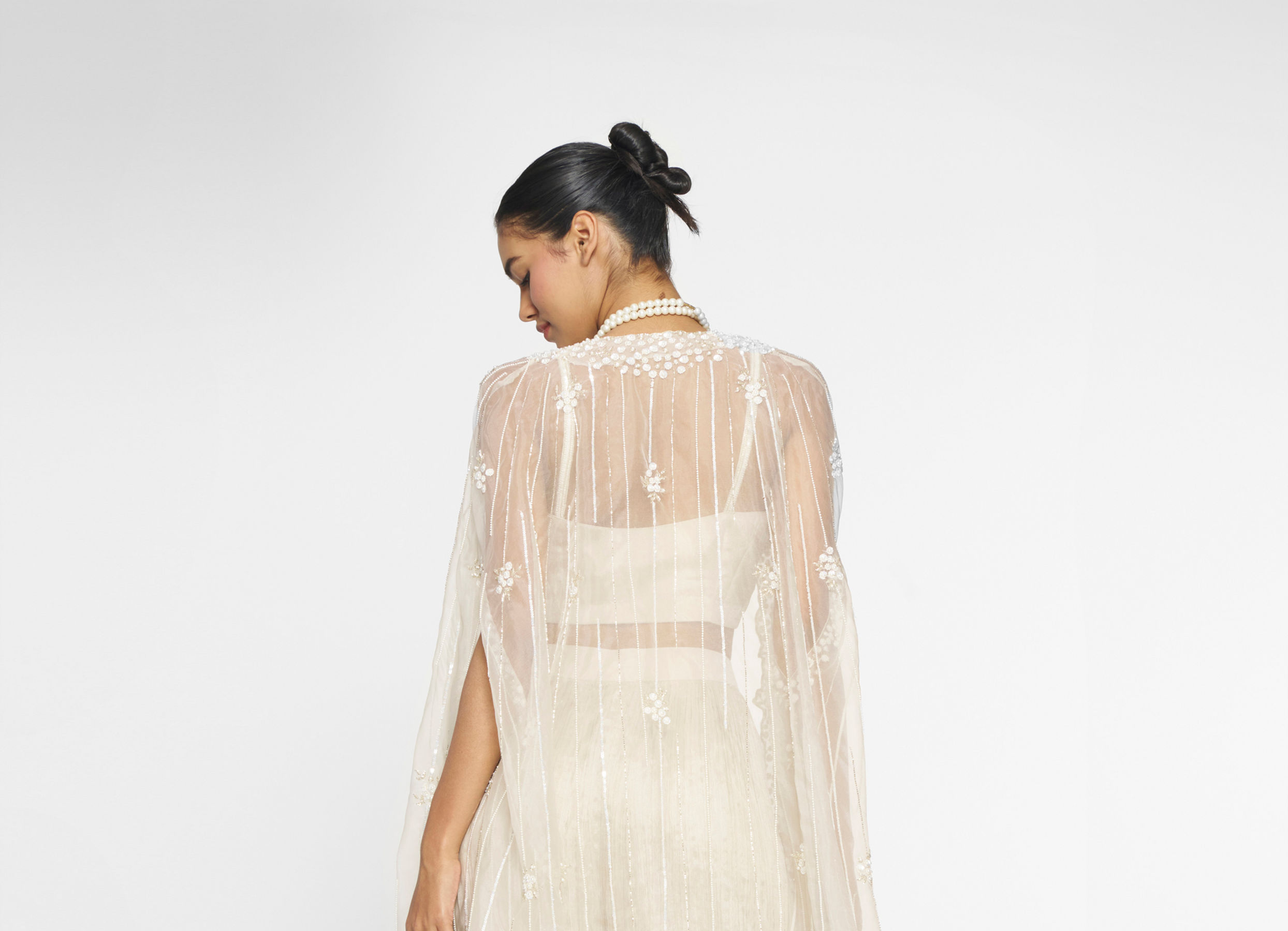 Twamev Women Ivory Silk Embroidered Cape Top With Palazzo