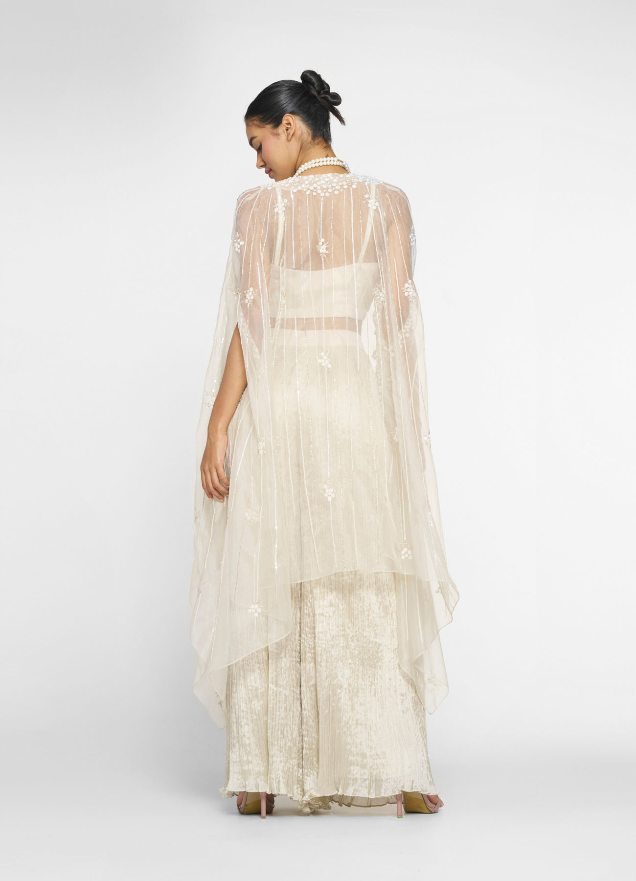 Twamev Women Ivory Silk Embroidered Cape Top With Palazzo