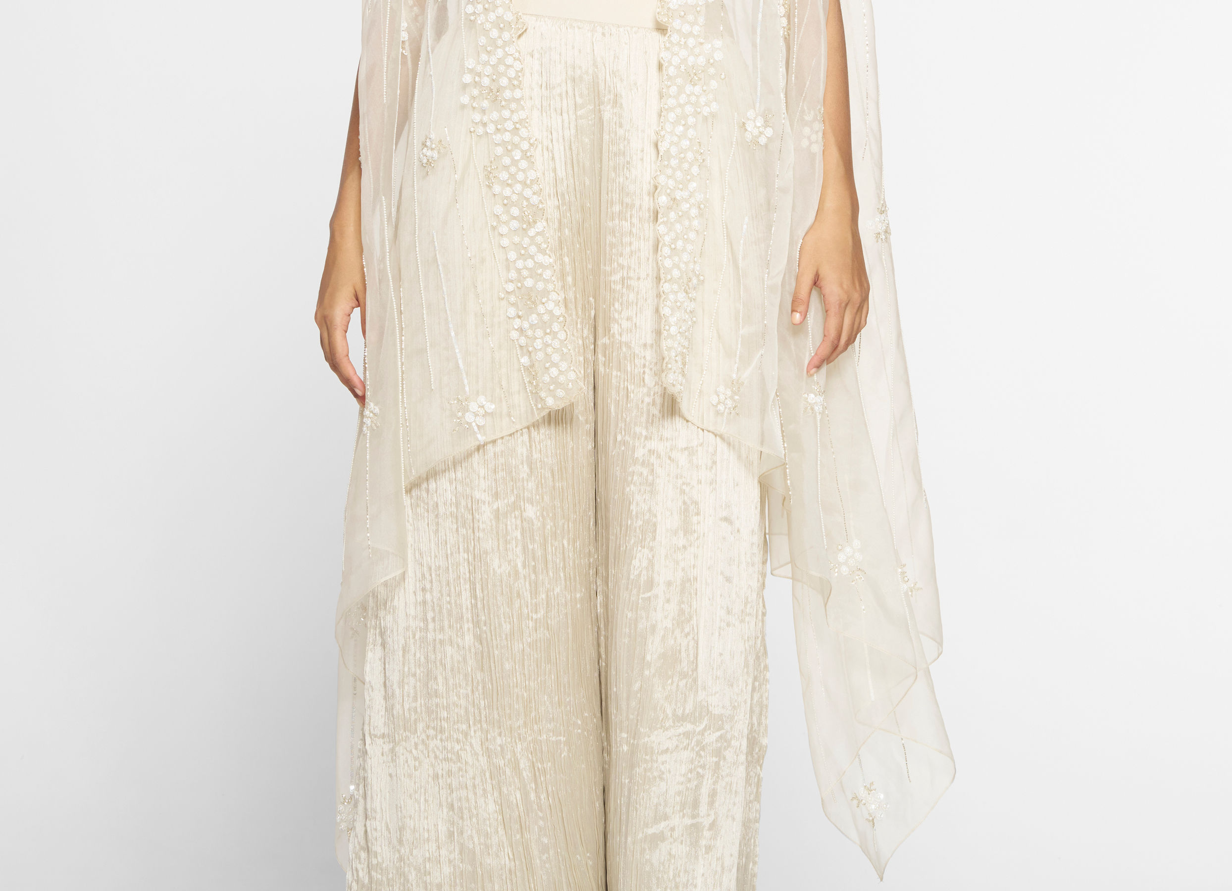 Twamev Women Ivory Silk Embroidered Cape Top With Palazzo