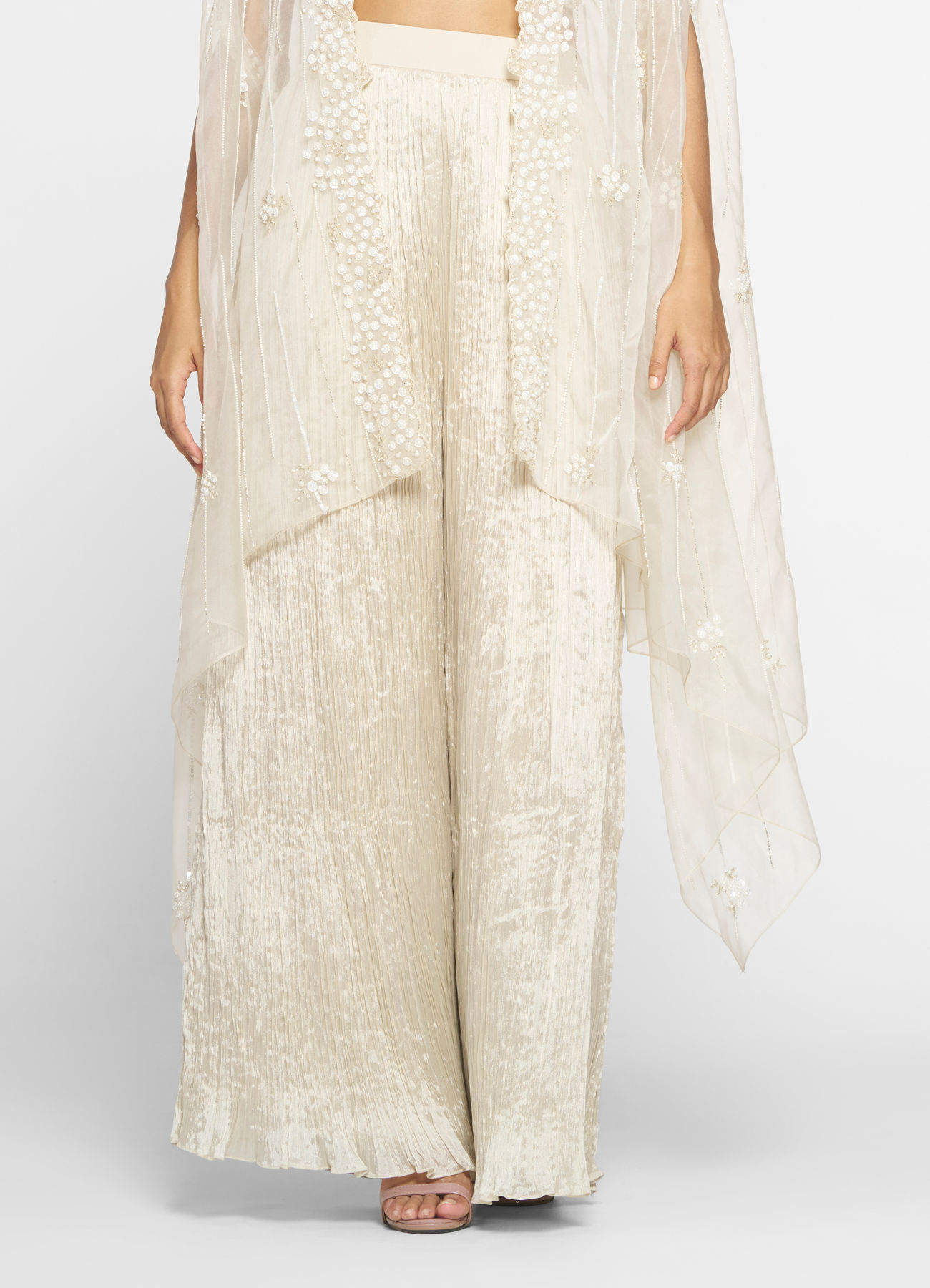 Twamev Women Ivory Silk Embroidered Cape Top With Palazzo