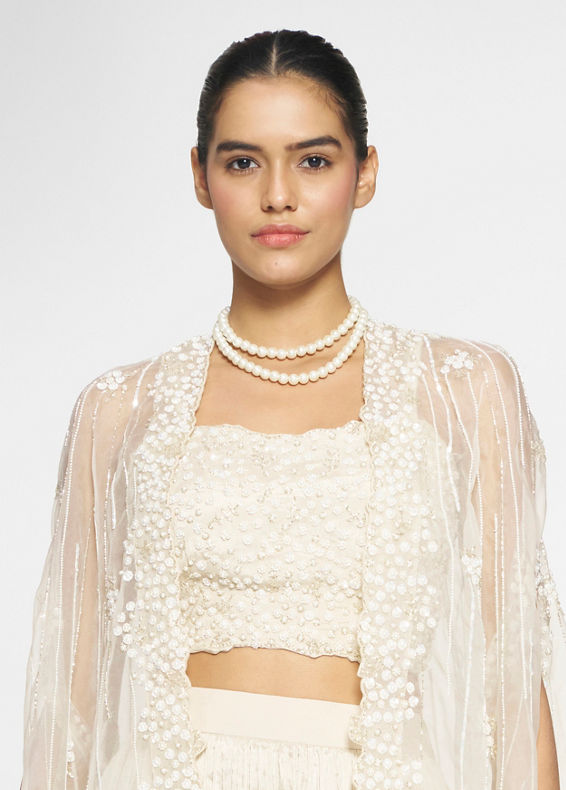 Twamev Women Ivory Silk Embroidered Cape Top With Palazzo