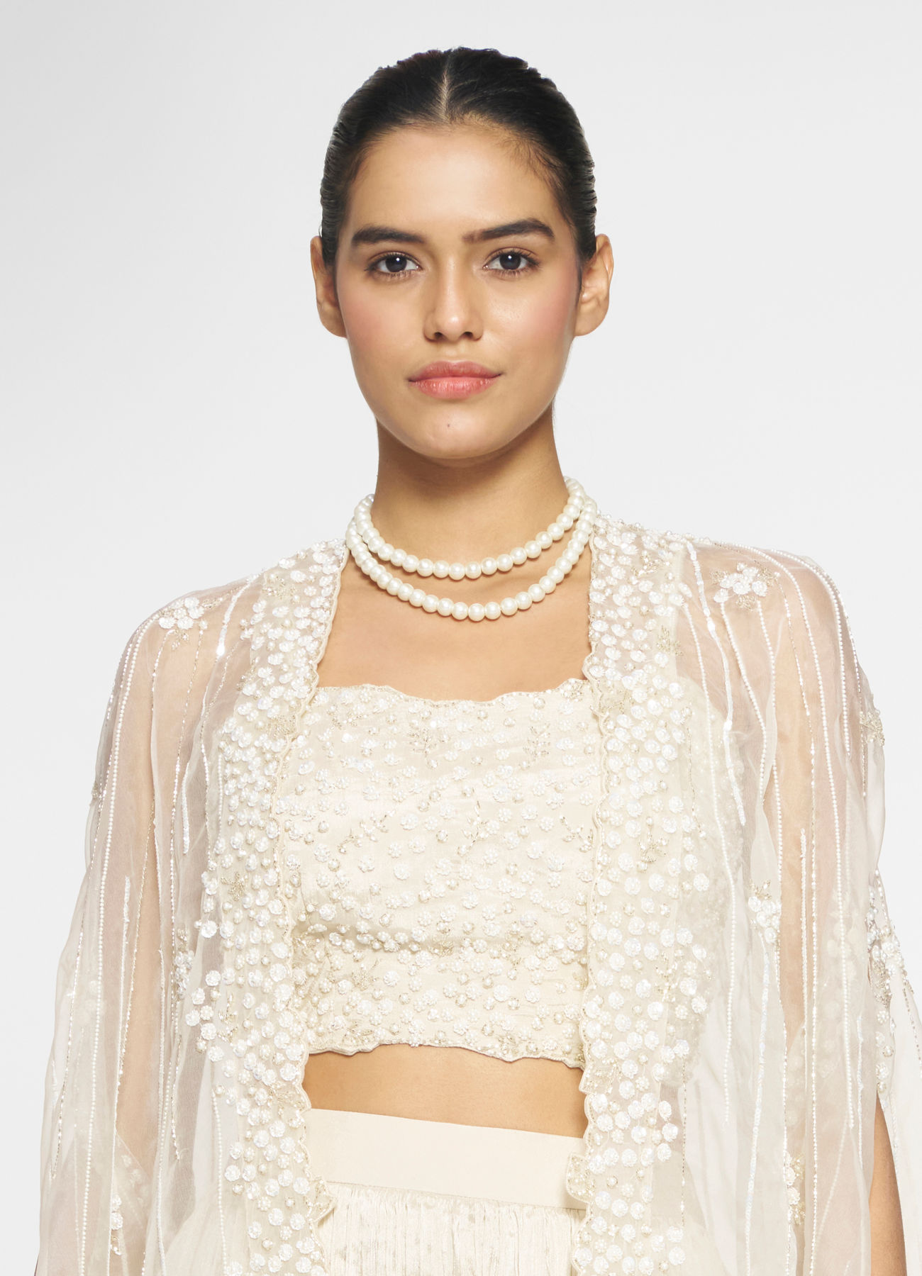 Twamev Women Ivory Silk Embroidered Cape Top With Palazzo