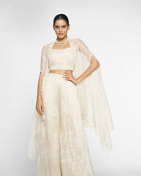 Twamev Women Ivory Silk Embroidered Cape Top With Palazzo