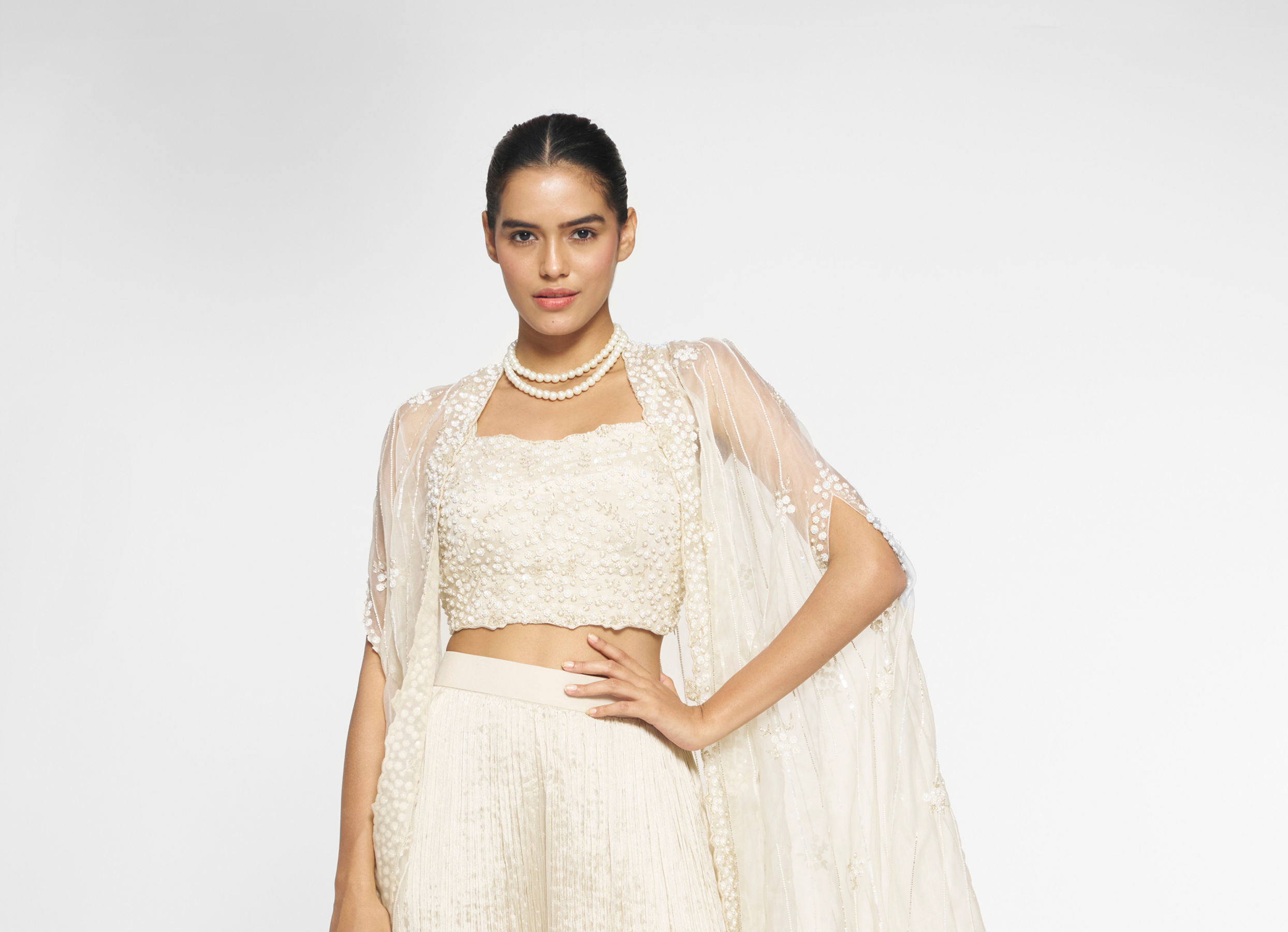 Twamev Women Ivory Silk Embroidered Cape Top With Palazzo