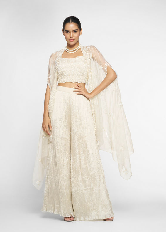 Twamev Women Ivory Silk Embroidered Cape Top With Palazzo