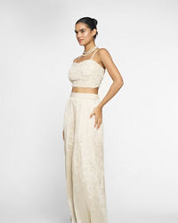 Twamev Women Ivory Silk Embroidered Cape Top With Palazzo