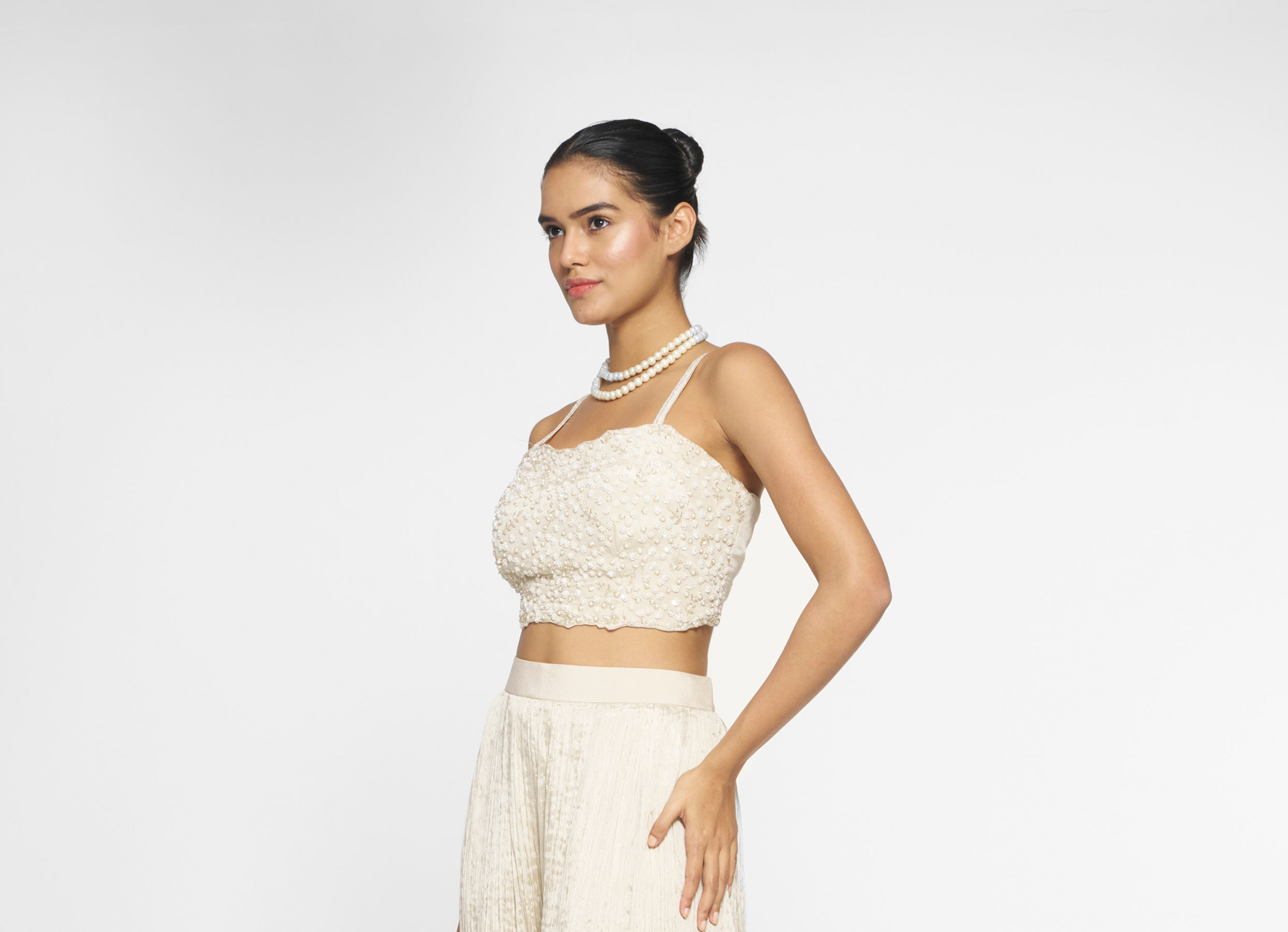 Twamev Women Ivory Silk Embroidered Cape Top With Palazzo