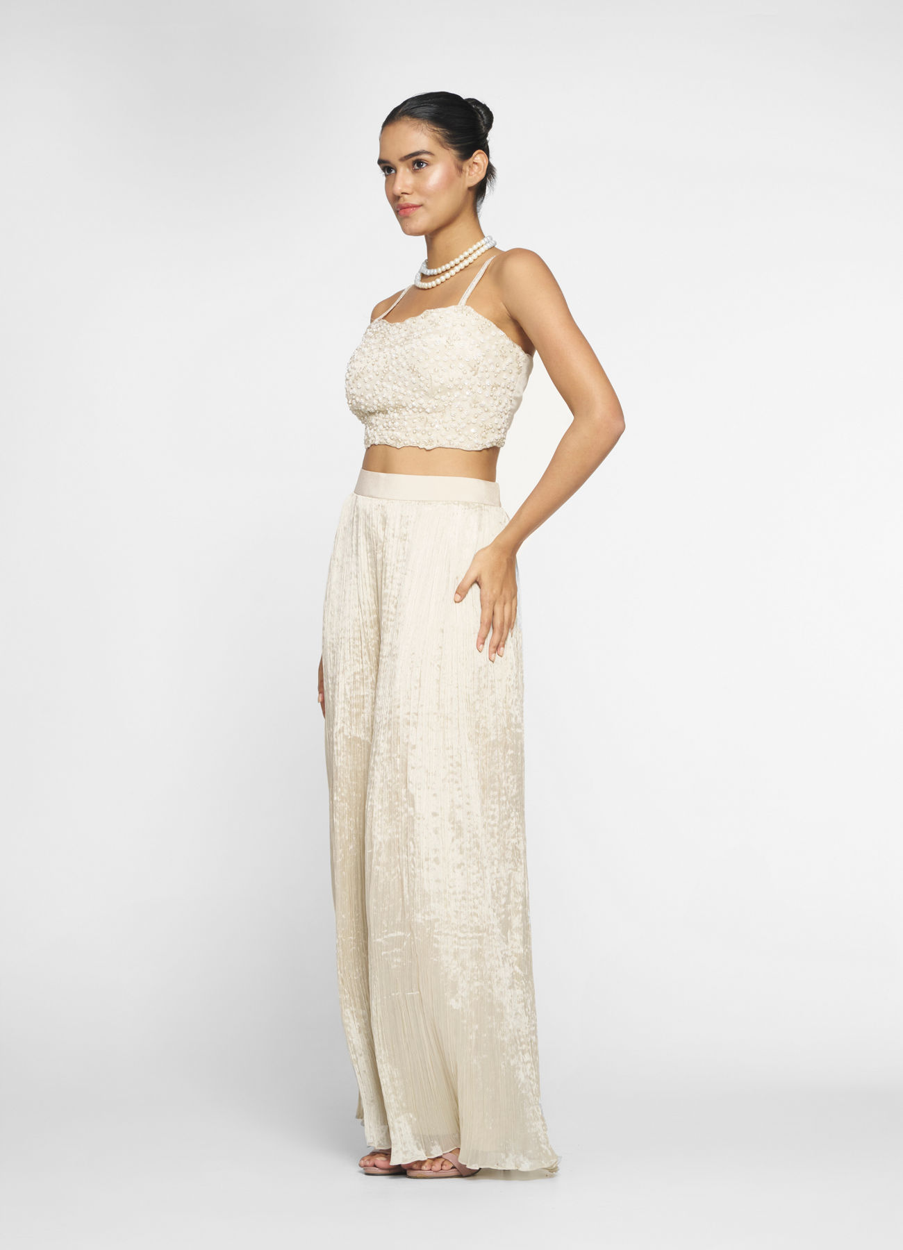 Twamev Women Ivory Silk Embroidered Cape Top With Palazzo