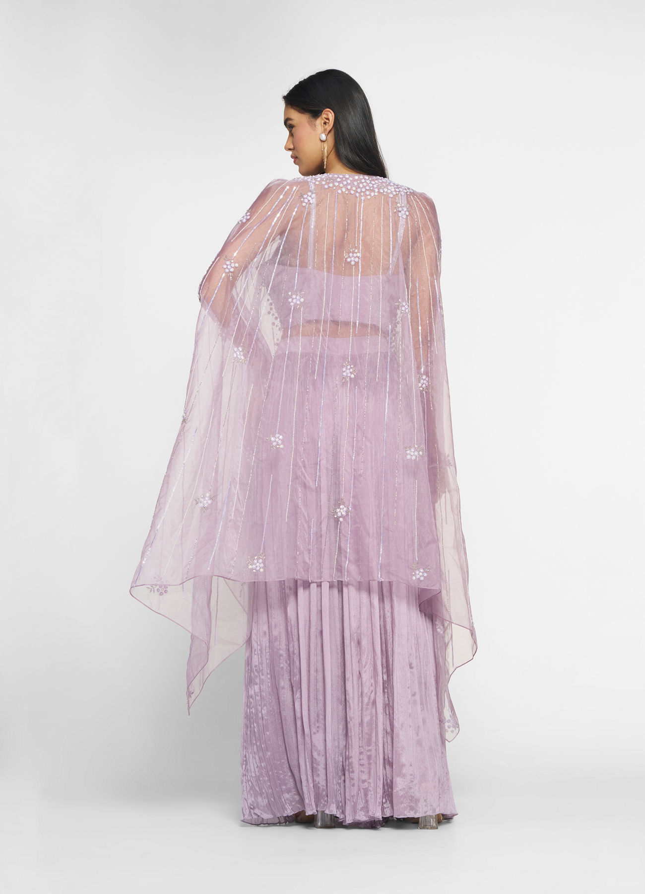 Twamev Women Purple Silk Embroidered Cape Top With Palazzo