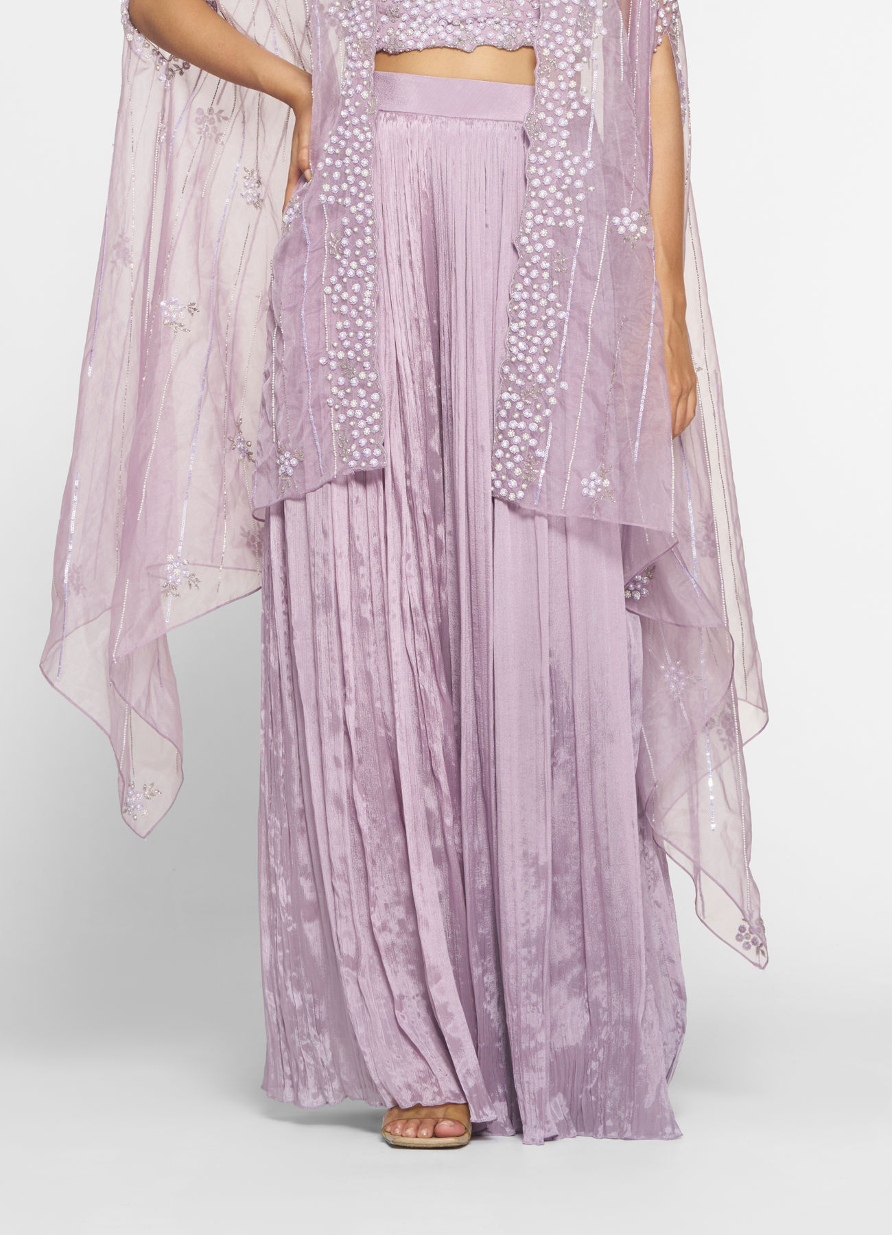 Twamev Women Purple Silk Embroidered Cape Top With Palazzo