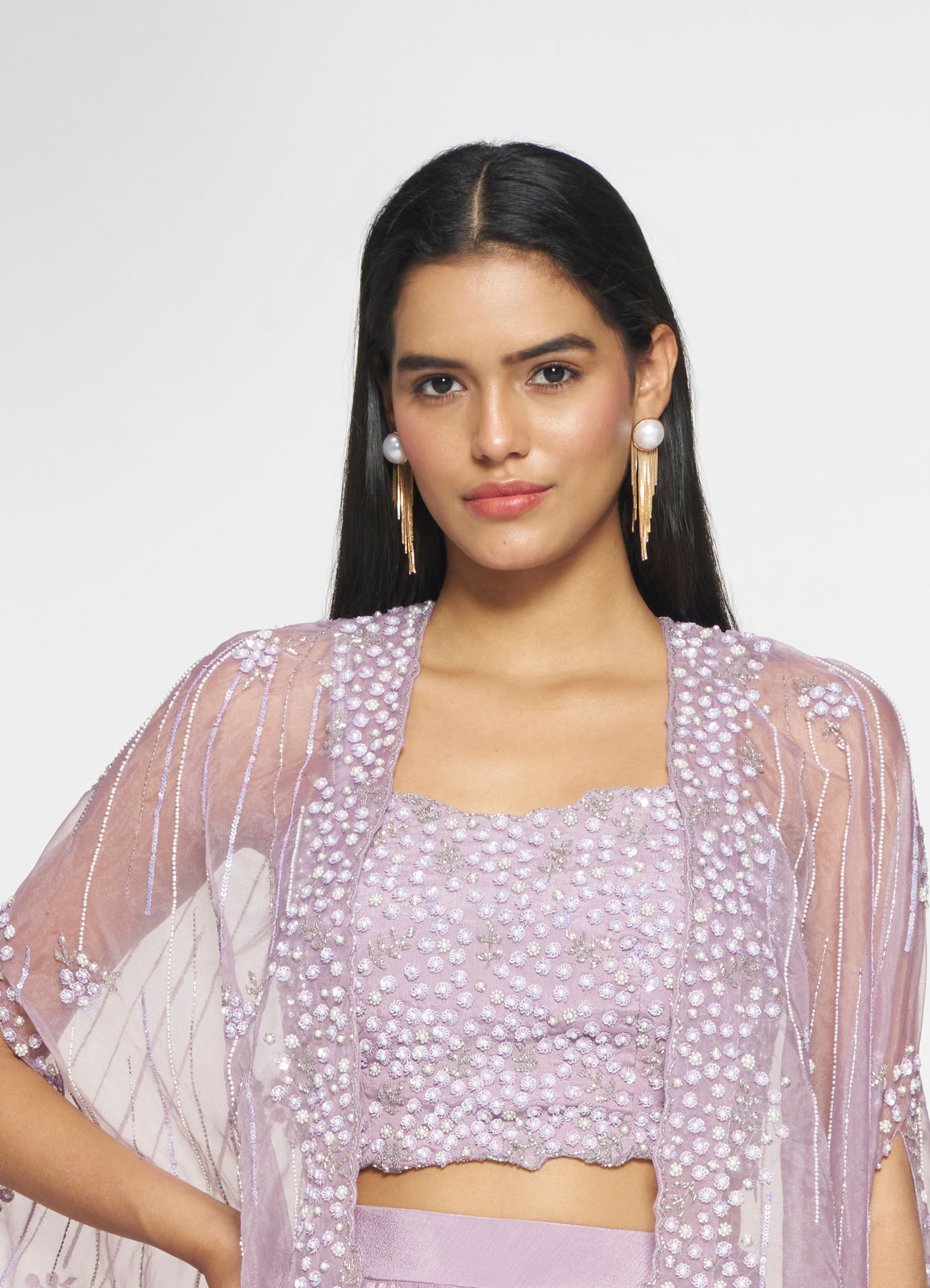 Twamev Women Purple Silk Embroidered Cape Top With Palazzo