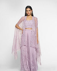 Twamev Women Purple Silk Embroidered Cape Top With Palazzo