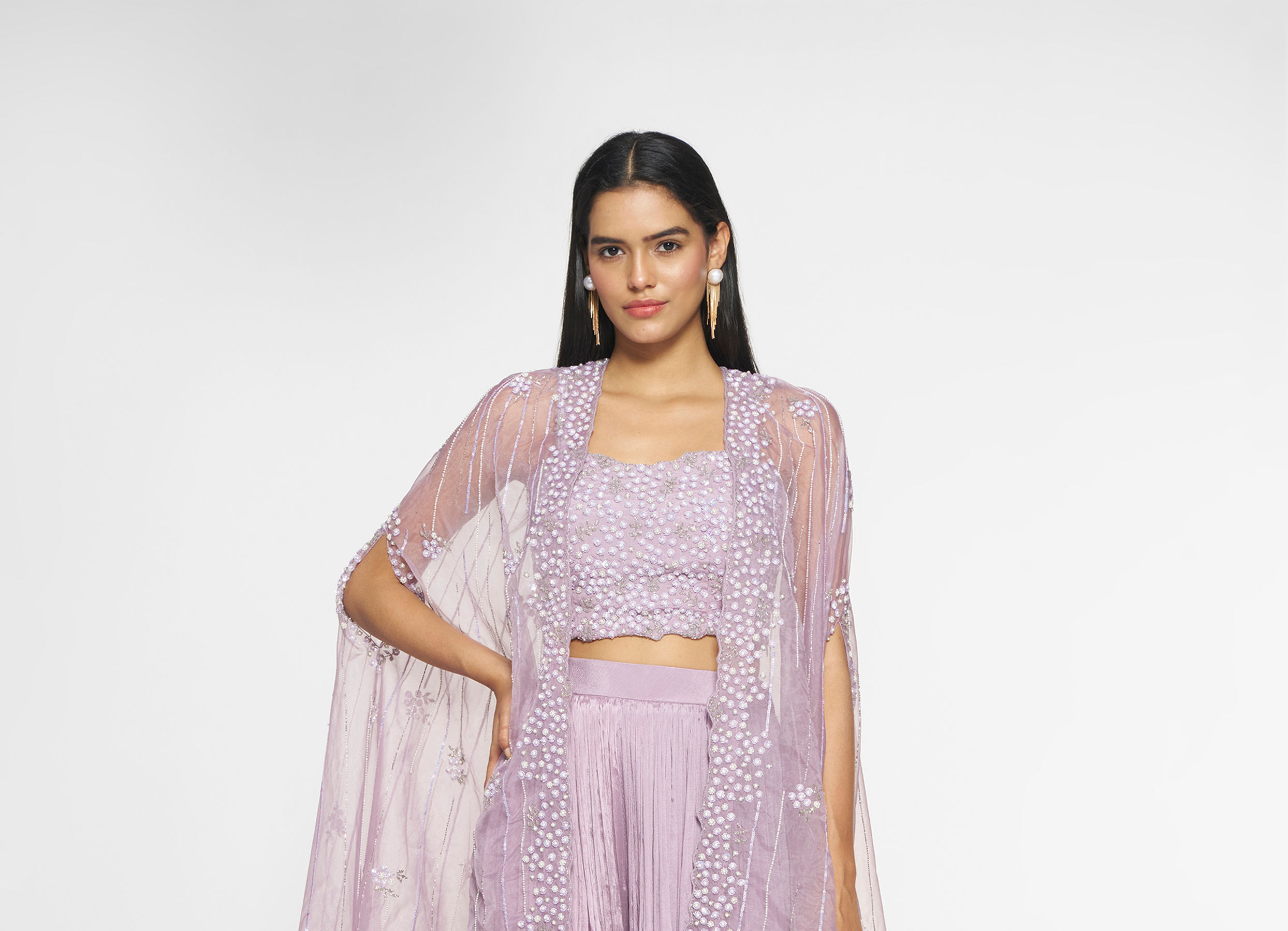Twamev Women Purple Silk Embroidered Cape Top With Palazzo