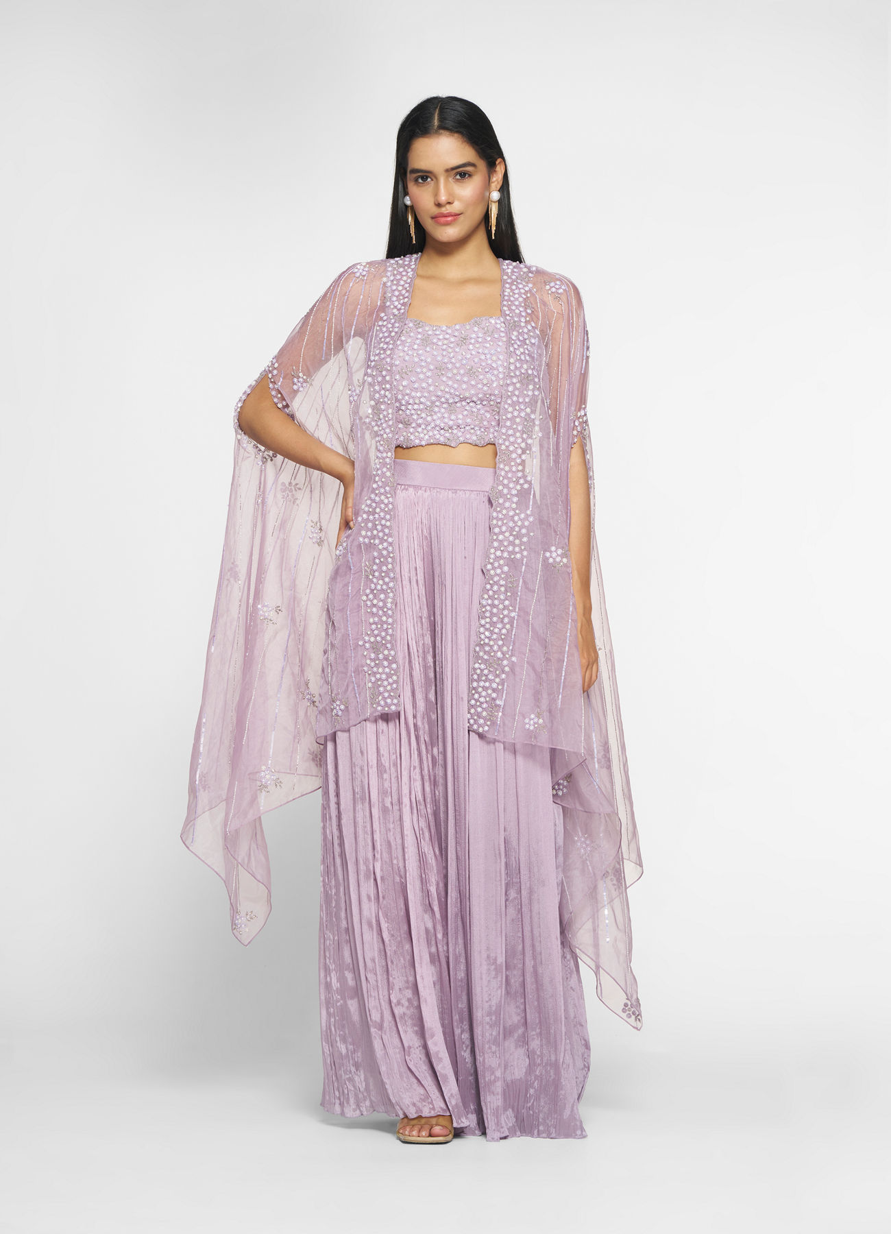Twamev Women Purple Silk Embroidered Cape Top With Palazzo