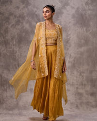 Twamev Women Yellow Silk Sequin Embroidered Cape Croptop With Palazzo