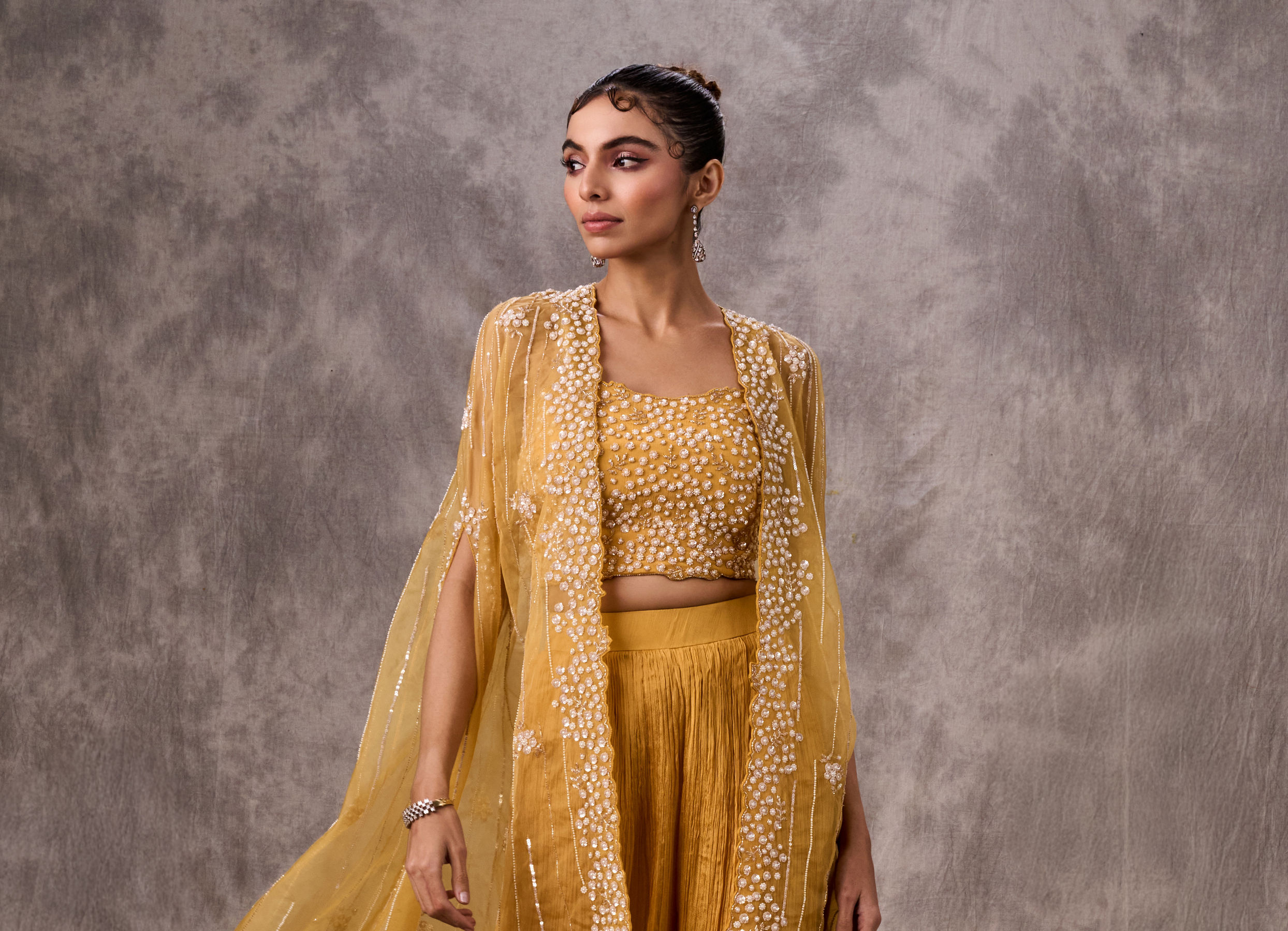 Twamev Women Yellow Silk Sequin Embroidered Cape Croptop With Palazzo