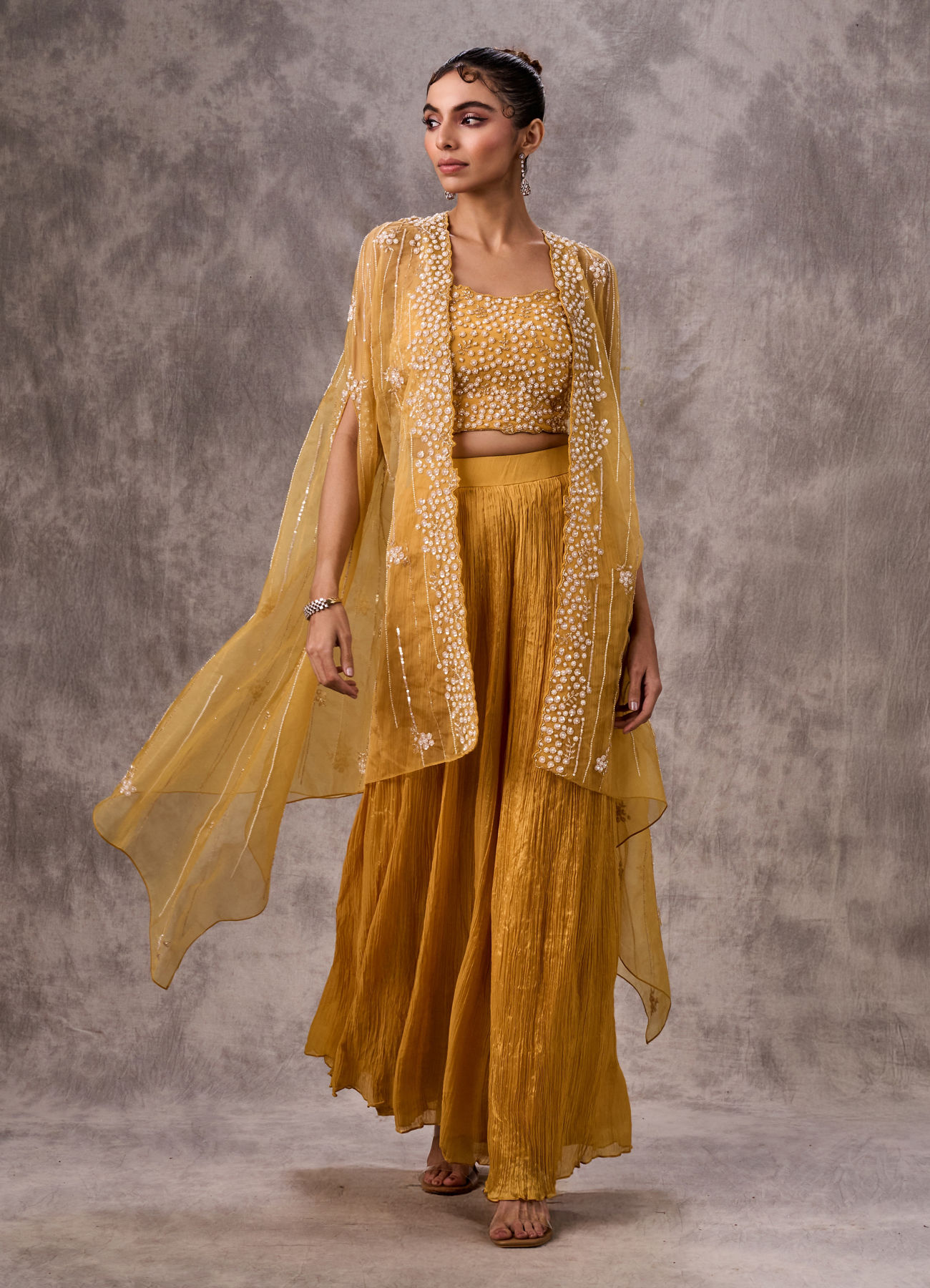 Twamev Women Yellow Silk Sequin Embroidered Cape Croptop With Palazzo