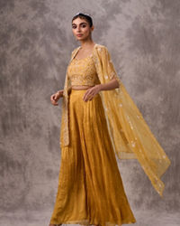 Twamev Women Yellow Silk Sequin Embroidered Cape Croptop With Palazzo