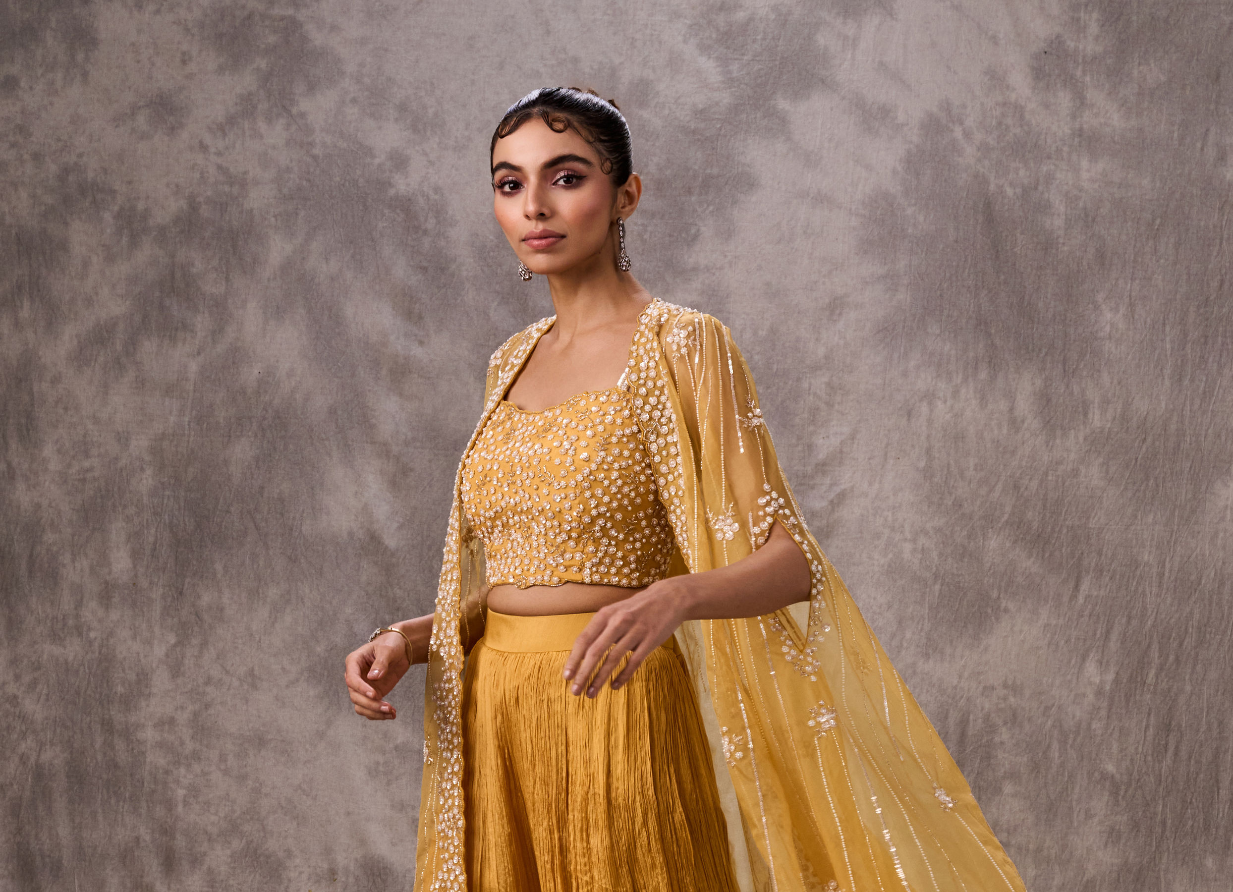 Twamev Women Yellow Silk Sequin Embroidered Cape Croptop With Palazzo