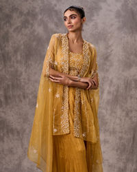Twamev Women Yellow Silk Sequin Embroidered Cape Croptop With Palazzo
