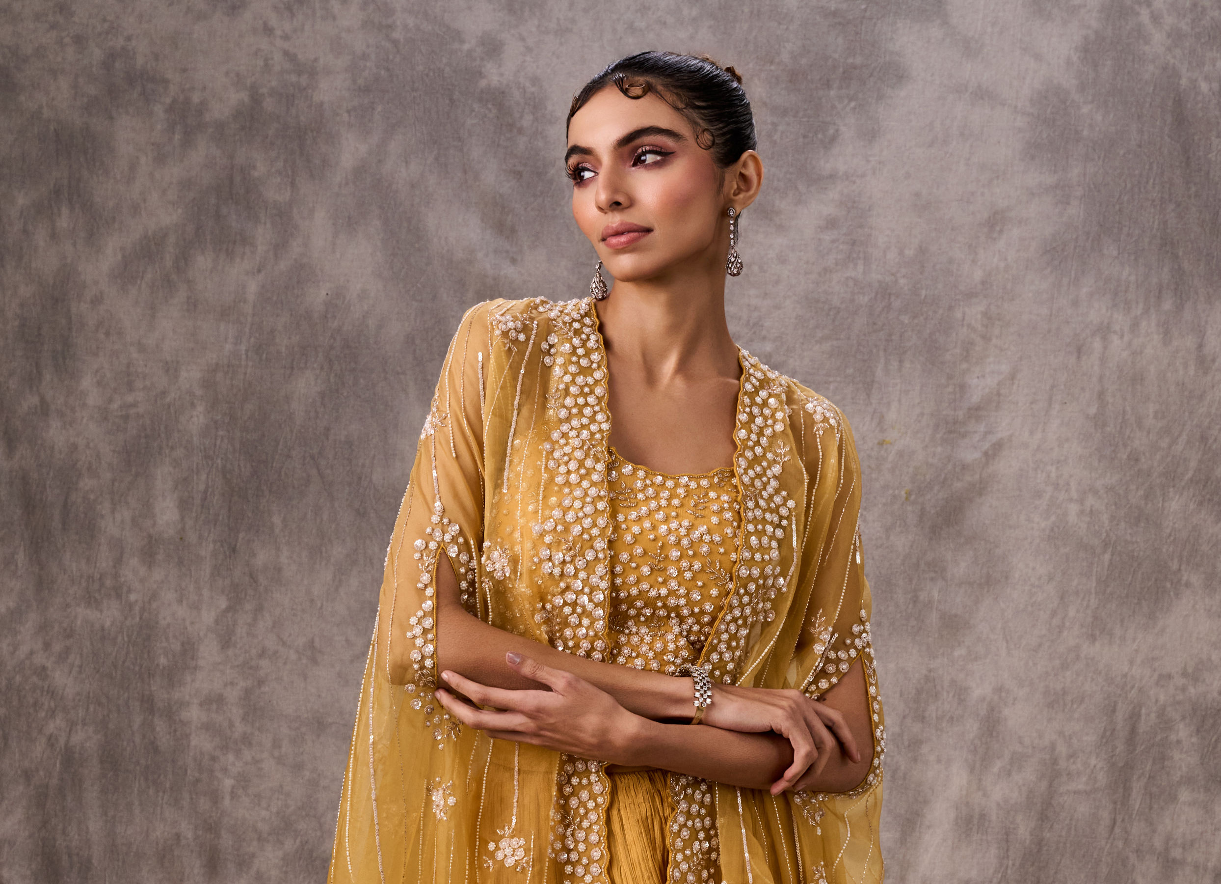 Twamev Women Yellow Silk Sequin Embroidered Cape Croptop With Palazzo