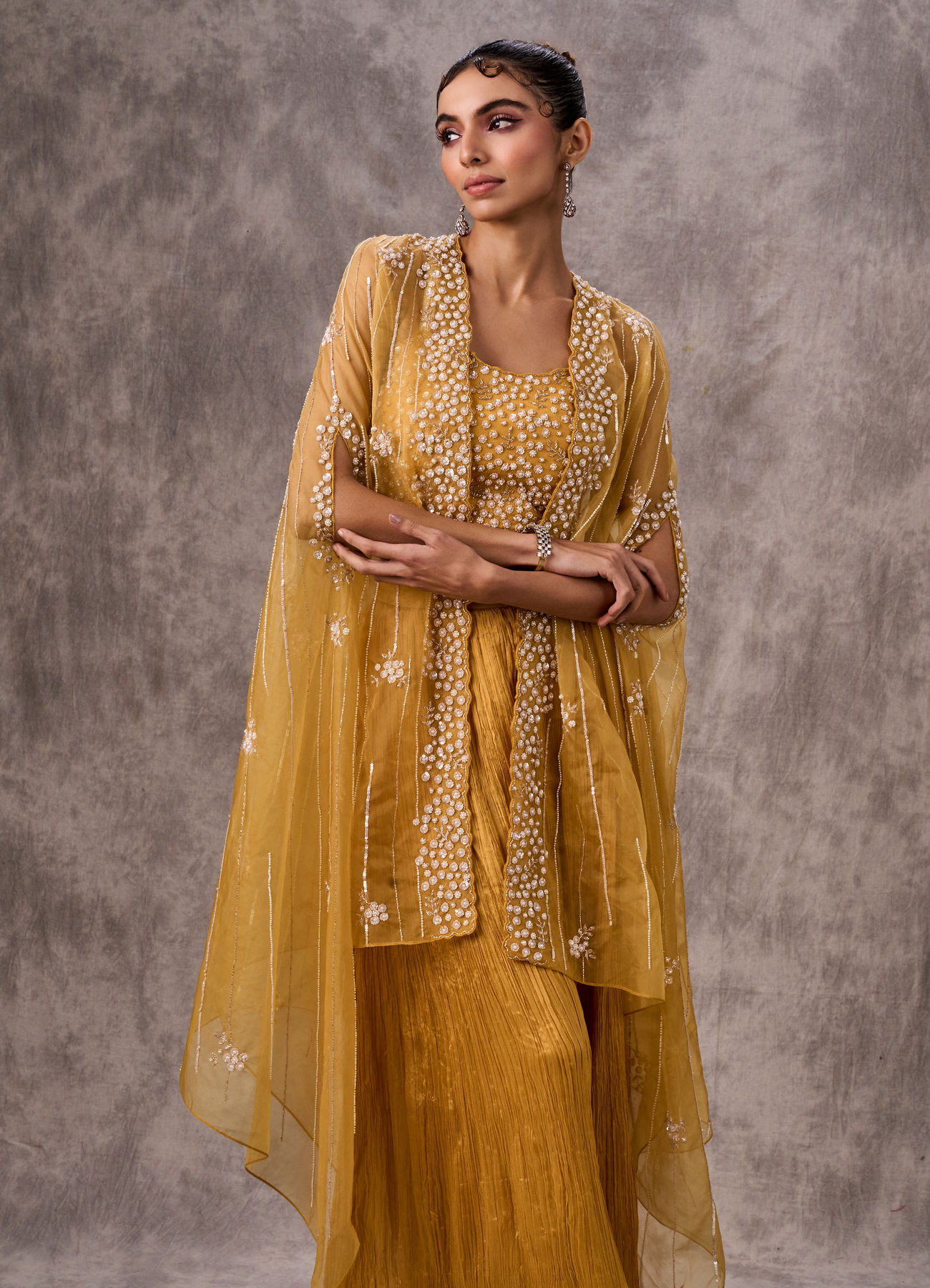 Twamev Women Yellow Silk Sequin Embroidered Cape Croptop With Palazzo