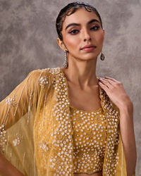 Twamev Women Yellow Silk Sequin Embroidered Cape Croptop With Palazzo