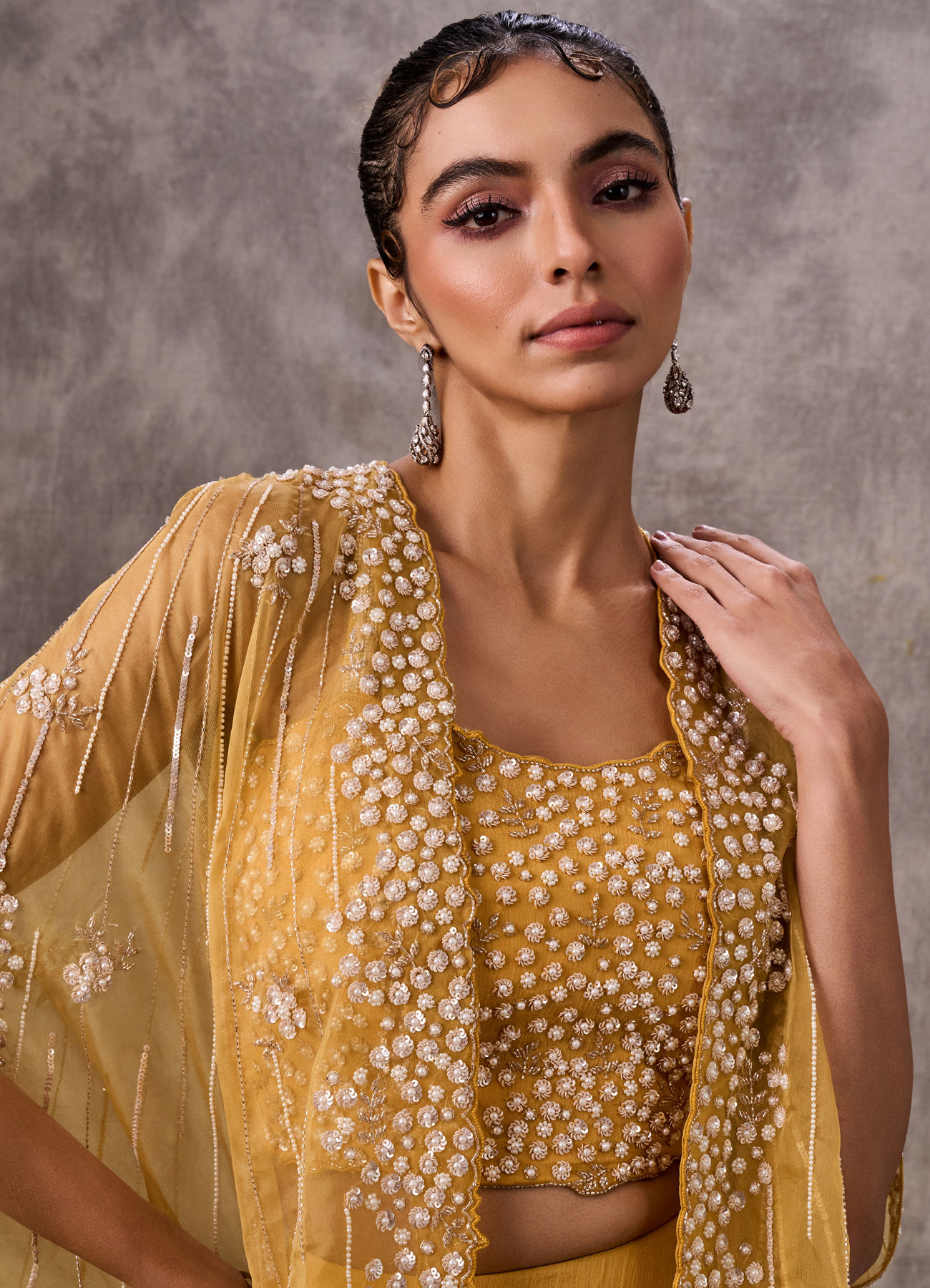 Twamev Women Yellow Silk Sequin Embroidered Cape Croptop With Palazzo