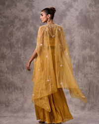 Twamev Women Yellow Silk Sequin Embroidered Cape Croptop With Palazzo