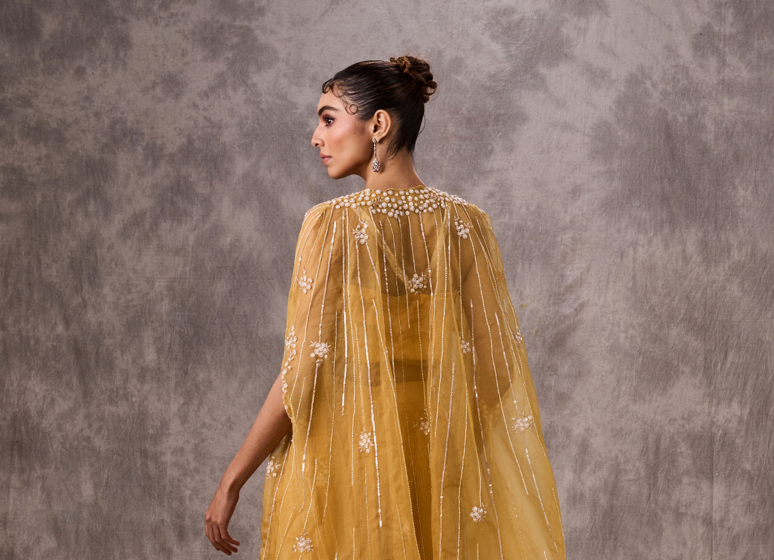 Twamev Women Yellow Silk Sequin Embroidered Cape Croptop With Palazzo