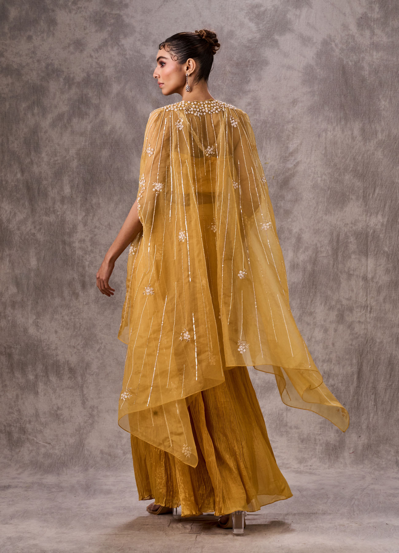 Twamev Women Yellow Silk Sequin Embroidered Cape Croptop With Palazzo
