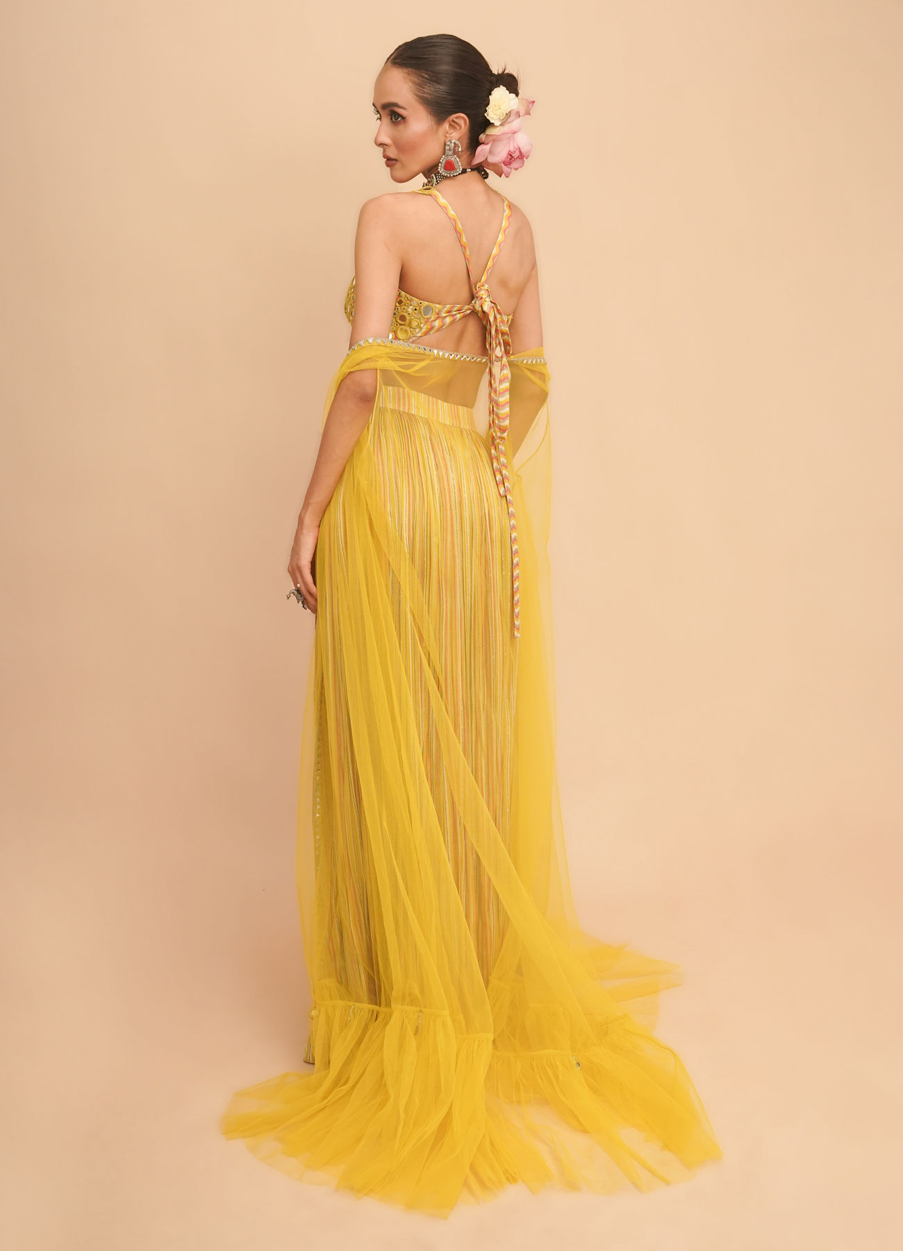 Buy Yellow Silk Mirror Work Halter Croptop Cape With Skirt Online in the  USA @Twamev - Indo western dress for women for Women