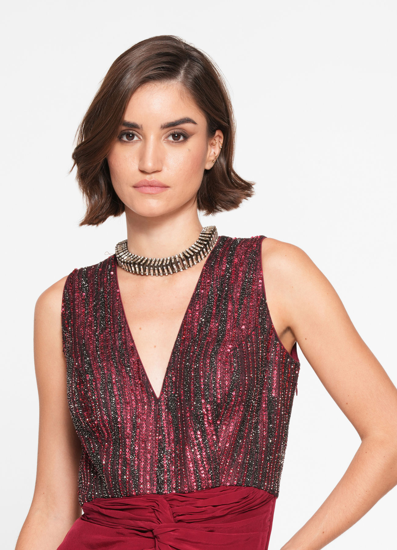 Twamev Women Twinkling Red Georgette Indo Western