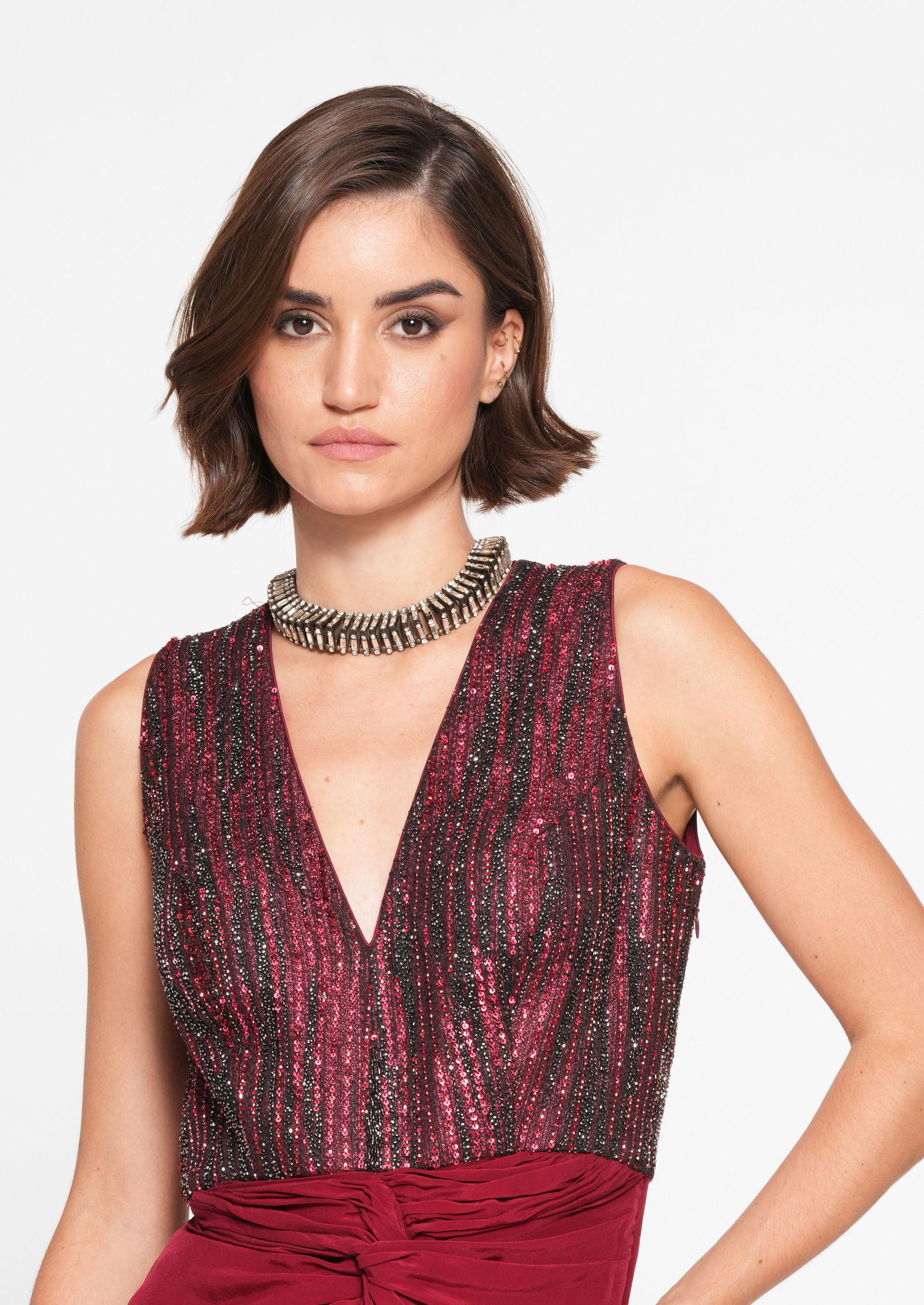 Twamev Women Twinkling Red Georgette Indo Western
