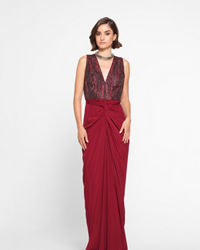 Twamev Women Twinkling Red Georgette Indo Western