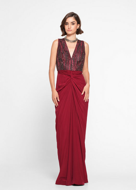 Twamev Women Twinkling Red Georgette Indo Western