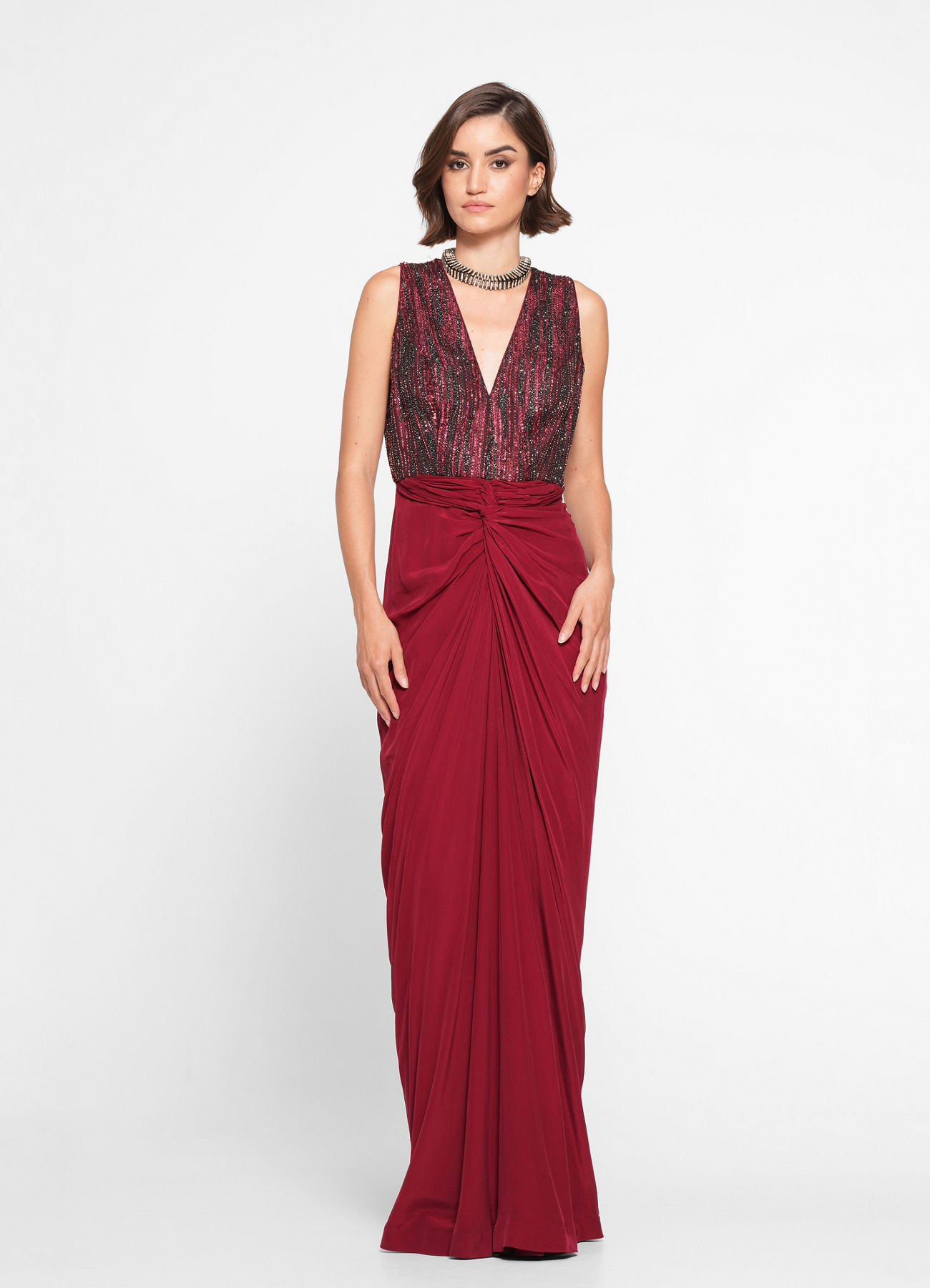 Twamev Women Twinkling Red Georgette Indo Western